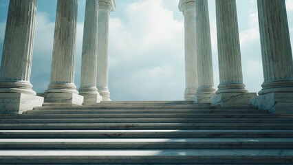 Naklejka premium Ancient marble temple columns with soft sunlight and cloudy sky, symbolizing classical architecture, strength, history, and divine harmony, evoking peace, purity, the grandeur of ancient civilization.