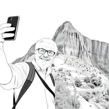 A 75-year-old couple taking a selfie at Machu Picchu, adventure travel, senior bucket list trip, joy