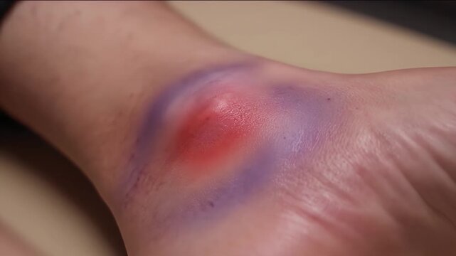 Purple bruise and red swelling on human ankle