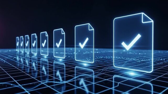 Digital Document Verification: A conceptual image showcases a series of digital documents, each bearing a verified checkmark, representing secure validation within the digital realm. 