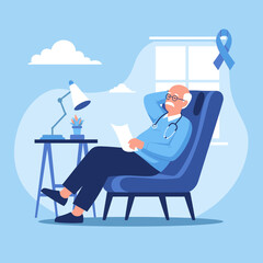 Elderly Doctor Relaxing at Home, Promoting Awareness, Holding Documents, Medical Symbol