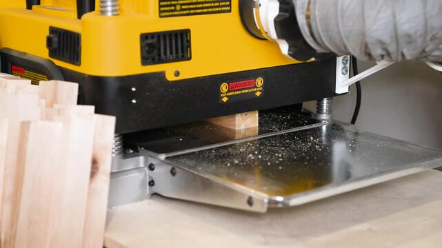 A wood plate passing through the thickness planer machine in a carpentry workshop. Woodworking process, furniture preparation, handmade craftsmanship, carpentry studio.