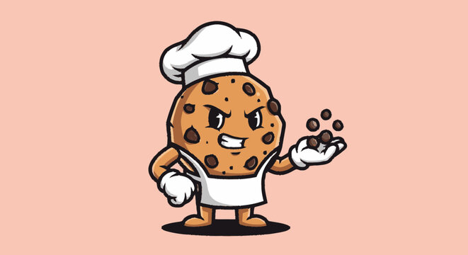 Cartoon cookie character wearing a chef hat and apron holding chocolate chips