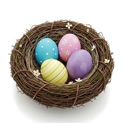 Obraz premium Colorful easter eggs nestled in a woven basket with delicate flowers