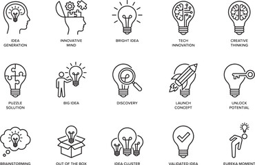 Creative Business Concept Icons Set – Innovation, Ideas and Strategy Outline Vector Collection  © Salam Studio