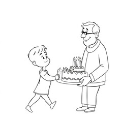 Fototapeta premium A small child carefully carrying a birthday cake to their grandparent, intense concentration, family love