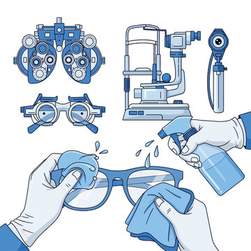 Essential Eye Care Equipment and Glasses Cleaning Illustration with Ophthalmological Tools