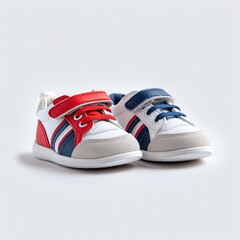 Pair of toddler sneakers in red white and blue colors on white background in studio lighting for kids fashion