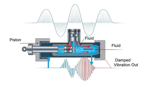 Hydraulic Shock Absorber Diagram with Piston and Fluid.