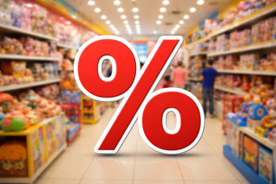 Gro&szlig;es rotes Prozentzeichen im Vordergrund eines unscharfen Supermarkts &ndash; Symbolbild f&uuml;r Rabatt, Sonderangebot, Sale, Preisnachlass und Einzelhandel.