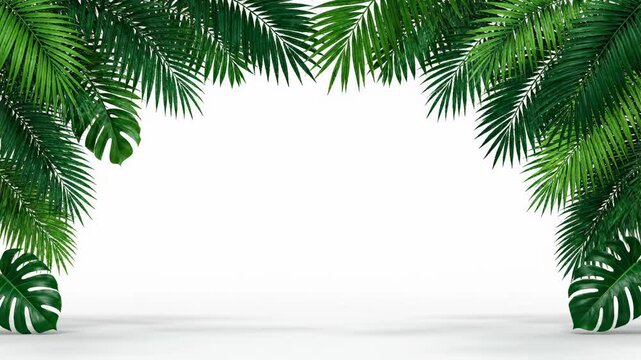Lush Green Tropical Palm and Monstera Leaves Framing a White Background for Product Display and Summer Promotions.