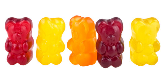 Colored marmalade bears isolated on a white background. Sweet jelly candies. Gummy candy bear.