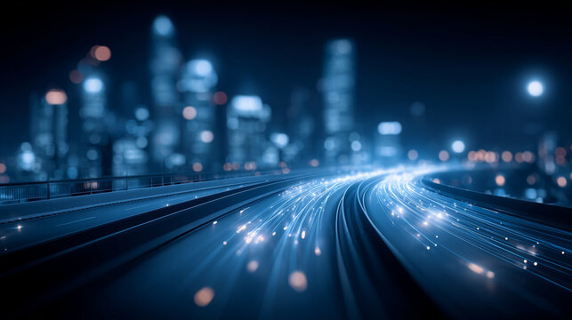 City highway with streaming data trails illustrating high speed connectivity and smart mobility concept.
