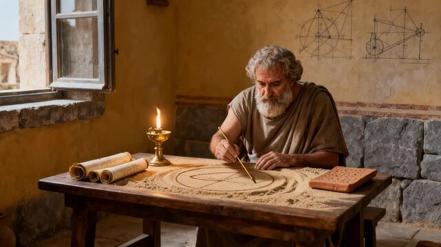 White Scholar Drawing Geometric Diagrams By Candlelight On Parchment