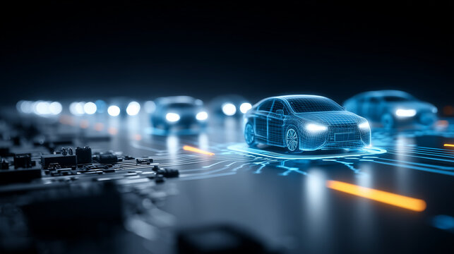 Holographic car model on a circuit board representing connected vehicle data, autonomous mobility, and automotive innovation concept.

