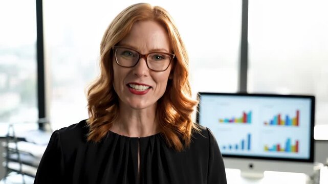 Businesswoman in glasses standing in front of a computer monitor
