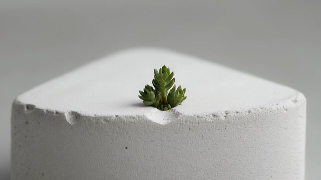 Small succulent plant growing from a triangular concrete planter