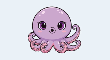 Cartoon octopus illustration in lilac and pink colors on white background