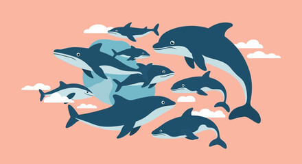 Obraz premium Dolphins swimming together in playful group formation