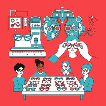 Eye Care Examination Process and Spectacle Selection in Modern Optical Clinic with Illustration
