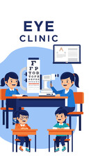 Naklejka premium Eye Clinic Illustration Featuring Children Undergoing Vision Examinations and Treatments