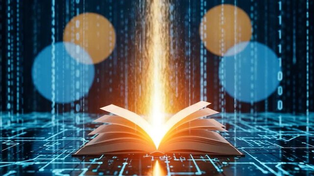 Digital Knowledge: An open book beams with radiant light, emanating digital data streams, symbolizing the boundless power of information and knowledge.