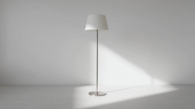 Minimalist white floor lamp with metallic stand and shade, casting a light shadow