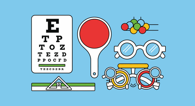 Eye Examination Tools and Devices Illustration Over Blue Background Medical Vision Concepts