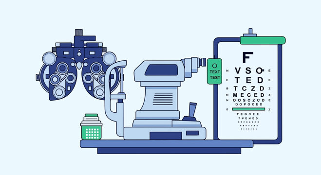 Eye Examination Tools Displayed: An Ophthalmology Clinic Illustration in Vector Style