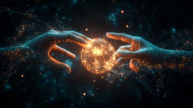 A pair of hands delicately connect through a glowing digital sphere, symbolizing human touch, innovation, communication, and the fusion of technology with creativity in a connected digital future.