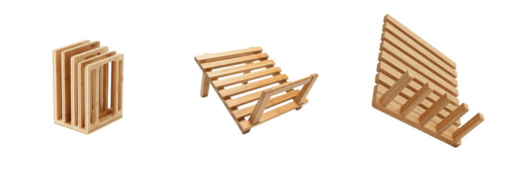 Set and collection wooden bamboo dish drying racks and plate holders kitchen storage organizers isolated on white transparent png background