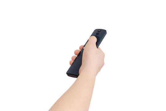 Hand holding wireless tv remote control transparent background used for controlling smart television and media devices