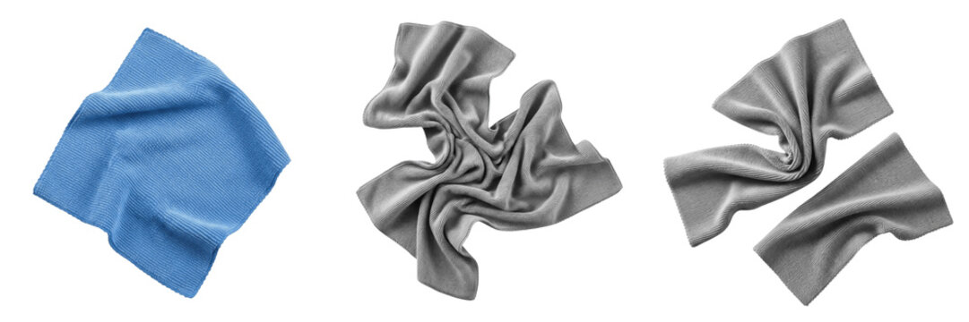 Set and collection microfiber cleaning cloth and folded fabric rag in blue and grey colors isolated on white transparent png background