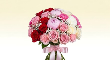 Fototapeta premium A beautiful bouquet of roses with pink, red and white flowers and a ribbon