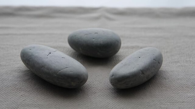 Three smooth, grey stones arranged on a textured, neutral surface