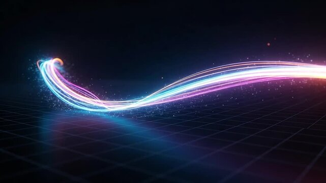 Abstract Neon Trail: An abstract image of a swirling neon trail of vibrant color dancing across a dark background. Evoking energy, motion, and a sense of futuristic technology.