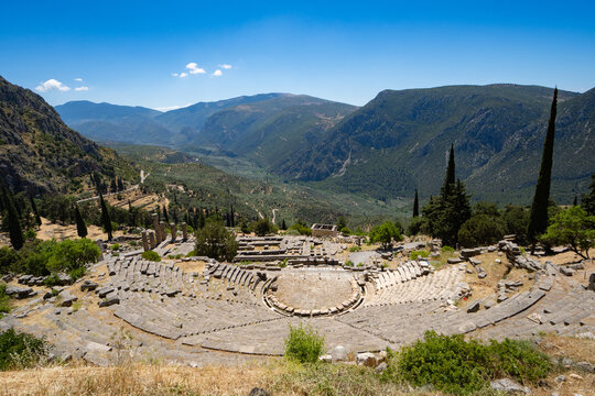 High-Angle Panorama of the Ancient Theater of Delphi and the Pleistos Valley, Phocis, Greece