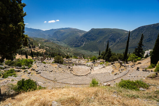 High-Angle Panorama of the Ancient Theater of Delphi and the Pleistos Valley, Phocis, Greece