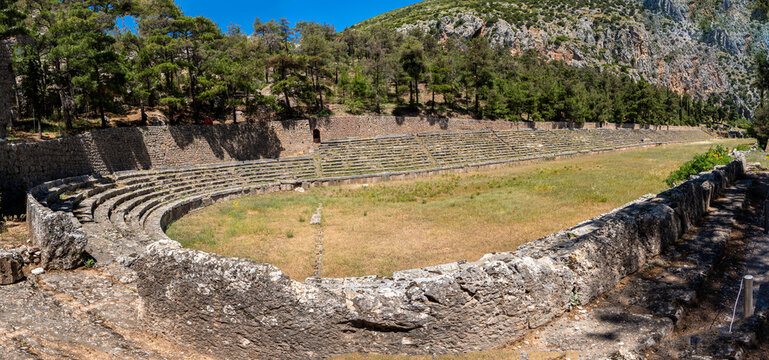 Ground-Level View of the Stone Tiers and Sphendone of the Ancient Stadium of Delphi, Phocis, Greece