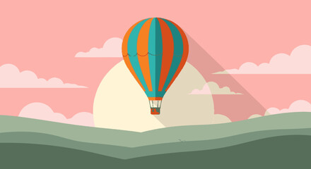 Fototapeta premium Colorful hot air balloon floating above rolling hills and setting sun