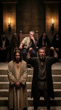 Two men standing before judge as man on right raises fist, other men watch during historical trial scene