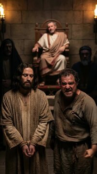 Biblical trial of two men before ancient ruler, with one mans hands bound, depicting new testament sacrifice.