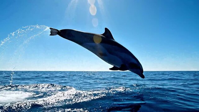 A magnificent dolphin leaps from the sparkling blue ocean, its powerful arc silhouetted against a clear sky, capturing the dynamic beauty and wild freedom of marine life