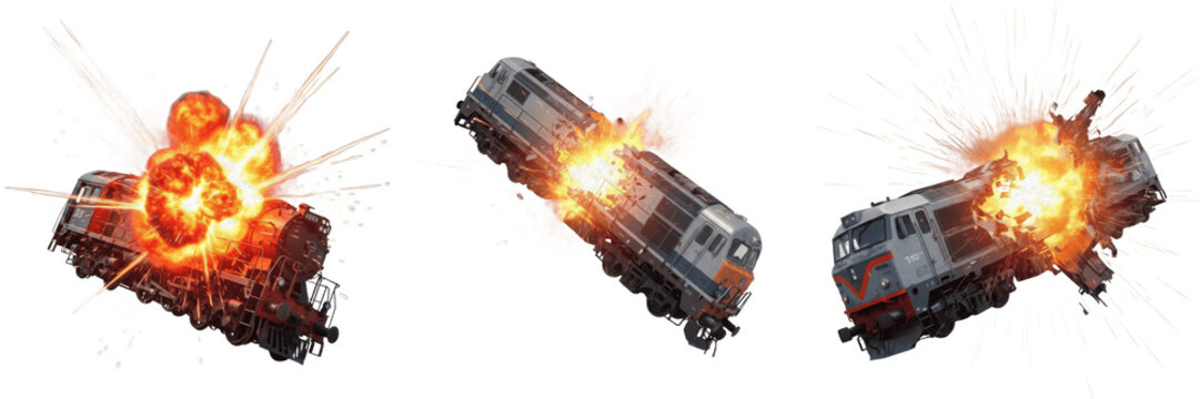 Set and collection of diesel locomotives exploding and derailing with massive fireballs and debris isolated on white transparent PNG background