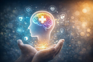 Human head silhouette with glowing brain and medical cross symbol representing mental health care wellbeing and psychological support concept