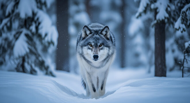 A Lone Gray Wolf Prowling Through Deep Snow in a Winter Boreal Forest at Twilight