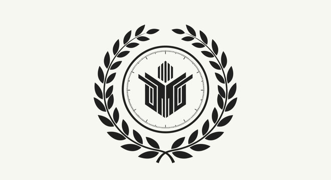 Black and white laurel wreath logo.
