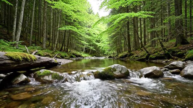 Serene forest stream with mossy rocks.