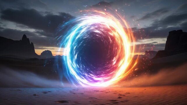 Abstract portal of energy in desert landscape under dramatic sky