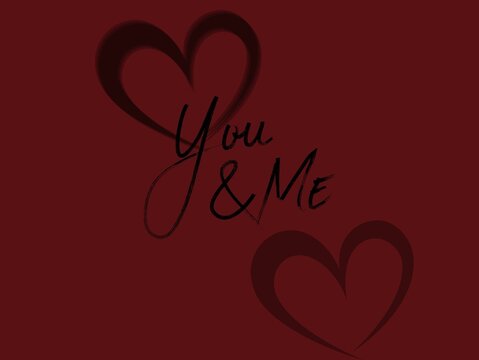 Modern romantic graphic design featuring the text "You and Me" in an elegant black script font, set between two stylized dark heart silhouettes on a deep burgundy background. This sophisticated compos